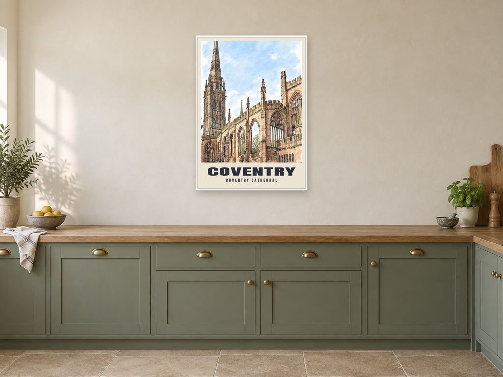 Coventry Cathedral Poster at A1, in a white frame, in a kitchen
