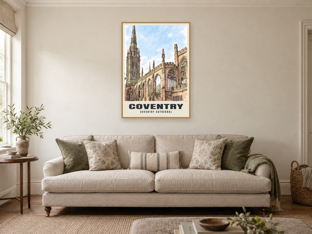 Coventry Cathedral Poster at A1, in an oak frame, in a sitting room