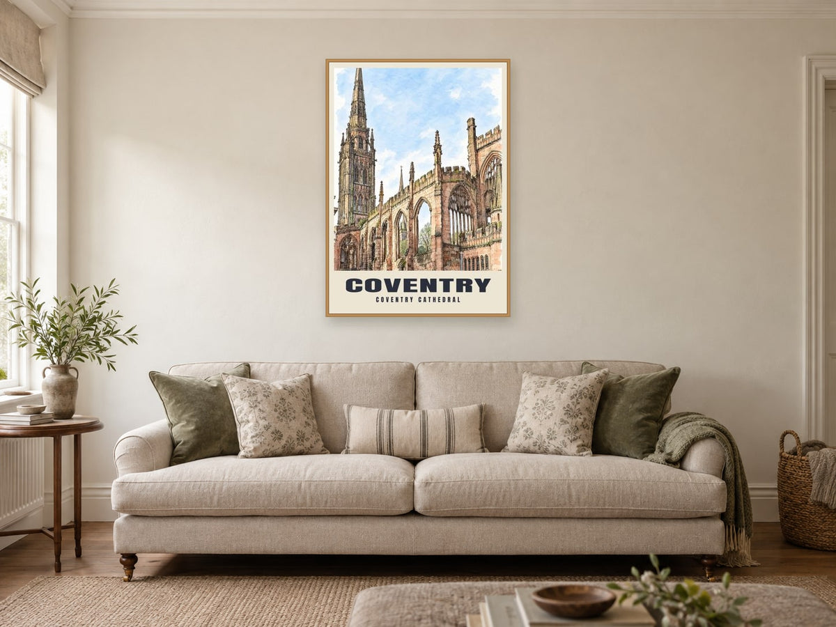 Coventry Cathedral Poster at A1, in an oak frame, in a sitting room