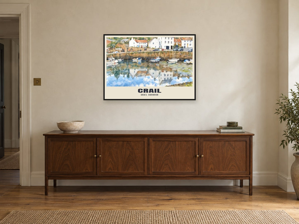 Crail harbour Poster at A1, in a black frame, above a sideboard