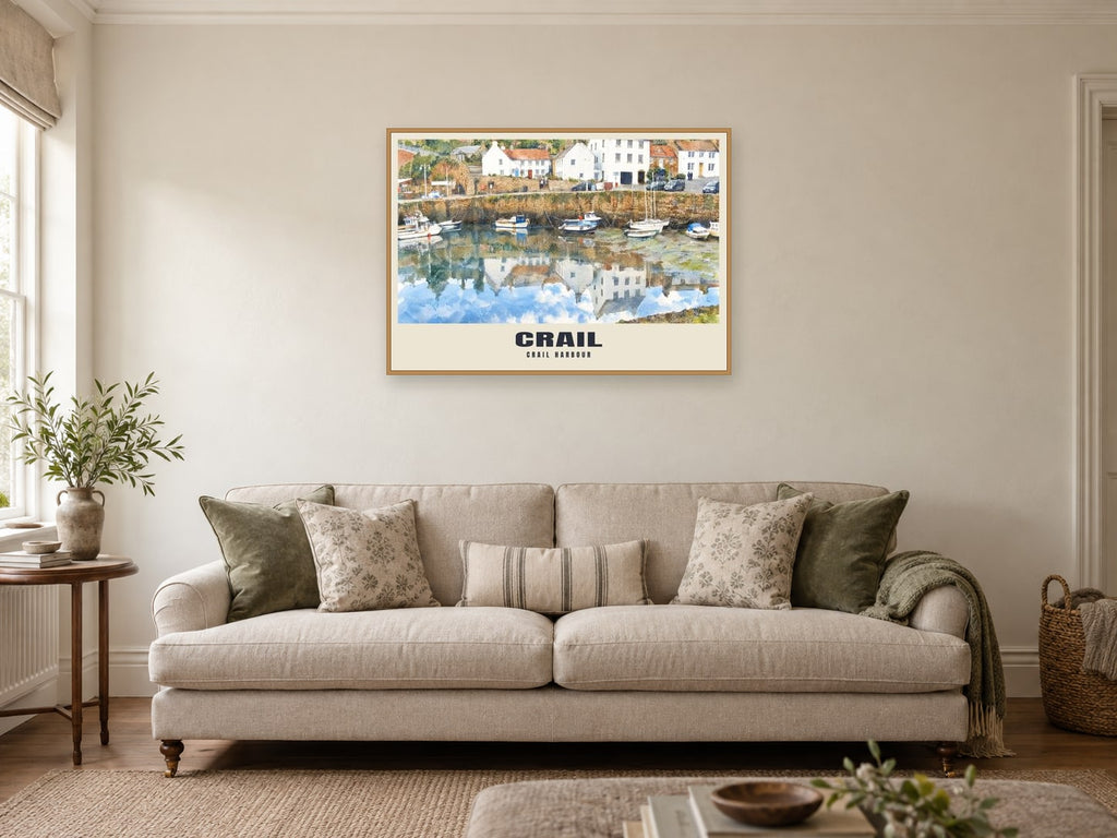 Crail harbour Poster at A1, in an oak frame, in a sitting room
