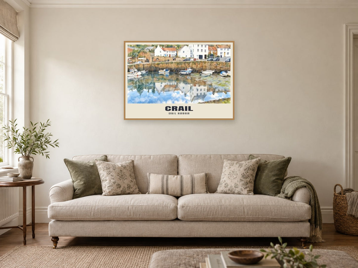 Crail harbour Poster at A1, in an oak frame, in a sitting room