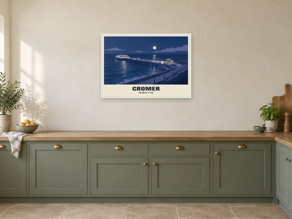 Cromer Pier Poster at A1, in a white frame, in a kitchen