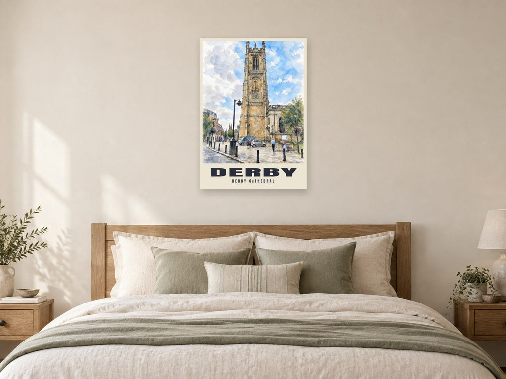 Derby Cathedral Poster at A1, as a poster, above a bed