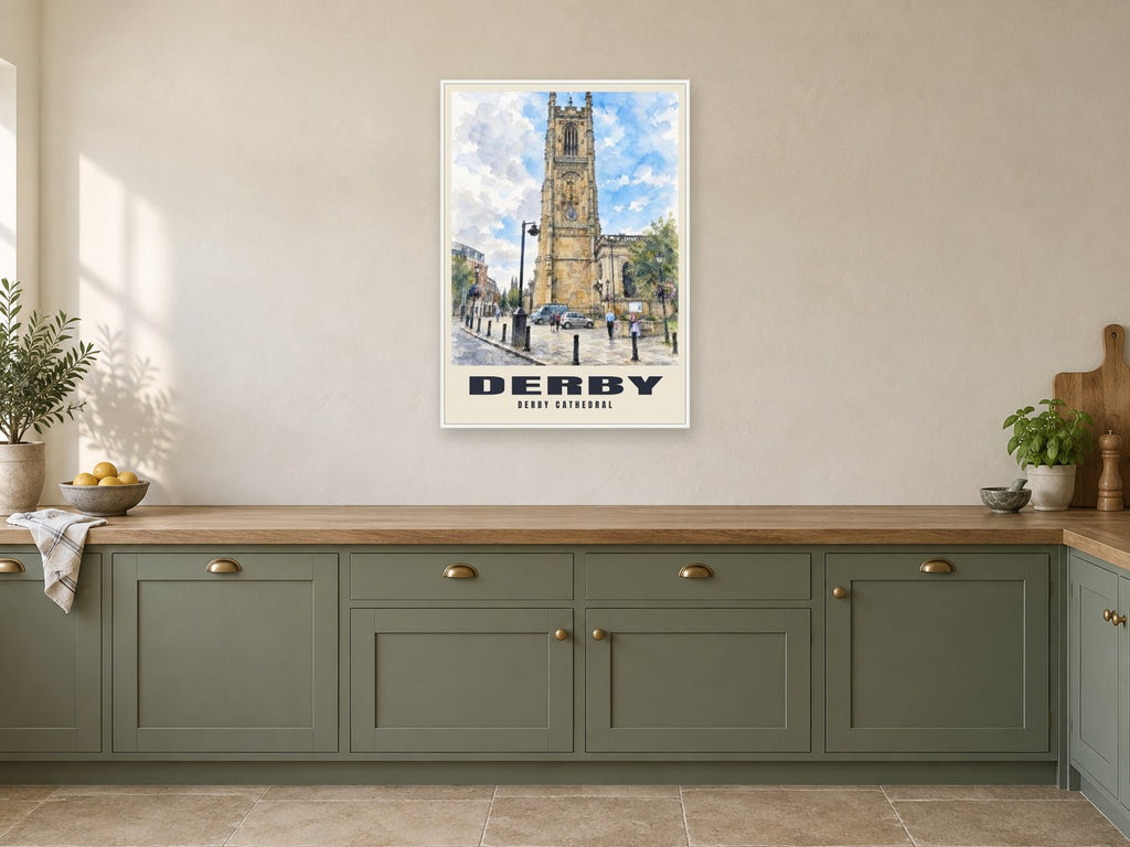 Derby Cathedral Poster at A1, in a white frame, in a kitchen
