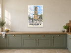 Derby Cathedral Poster at A1, in a white frame, in a kitchen