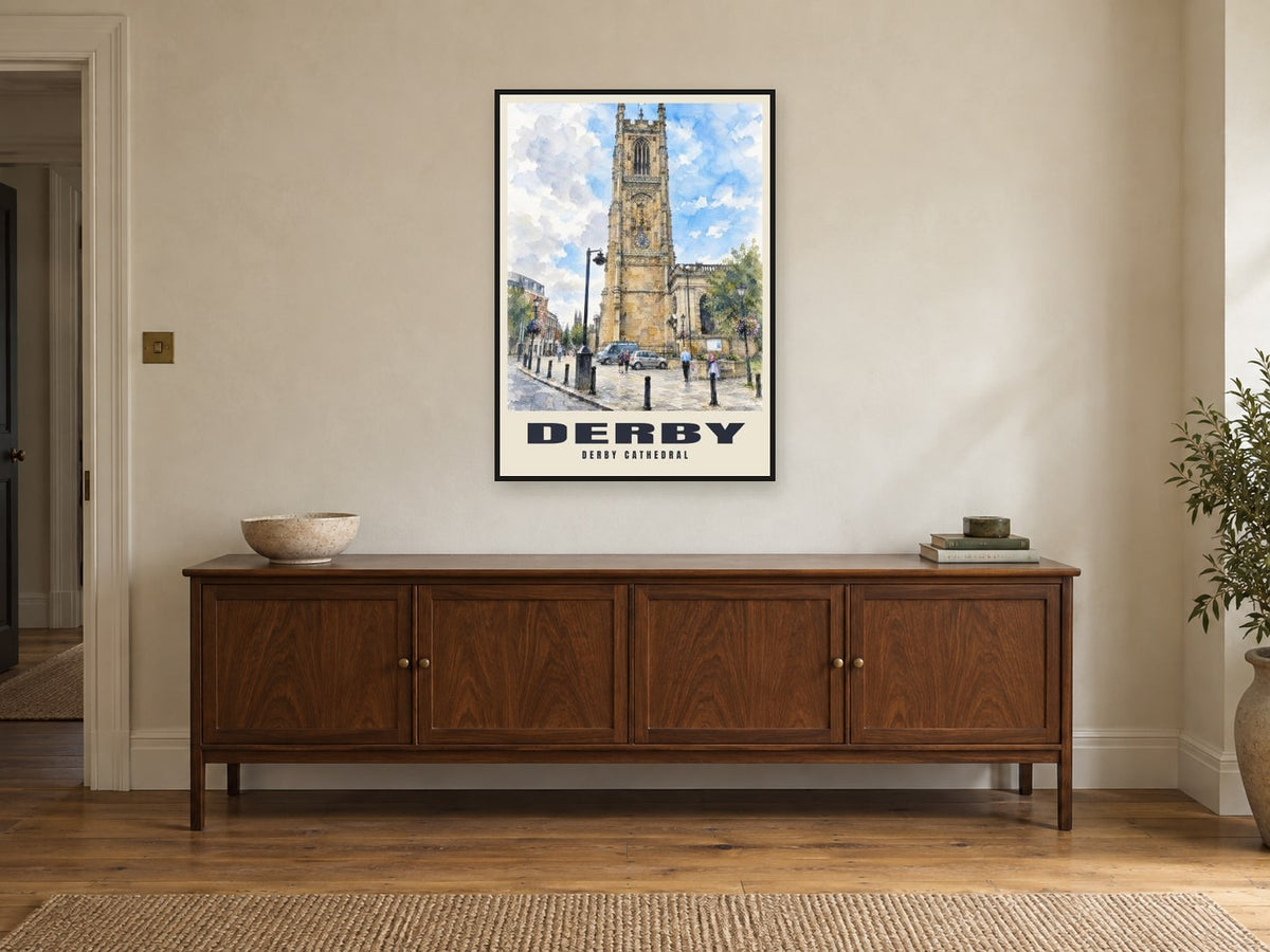 Derby Cathedral Poster at A1, in a black frame, above a sideboard