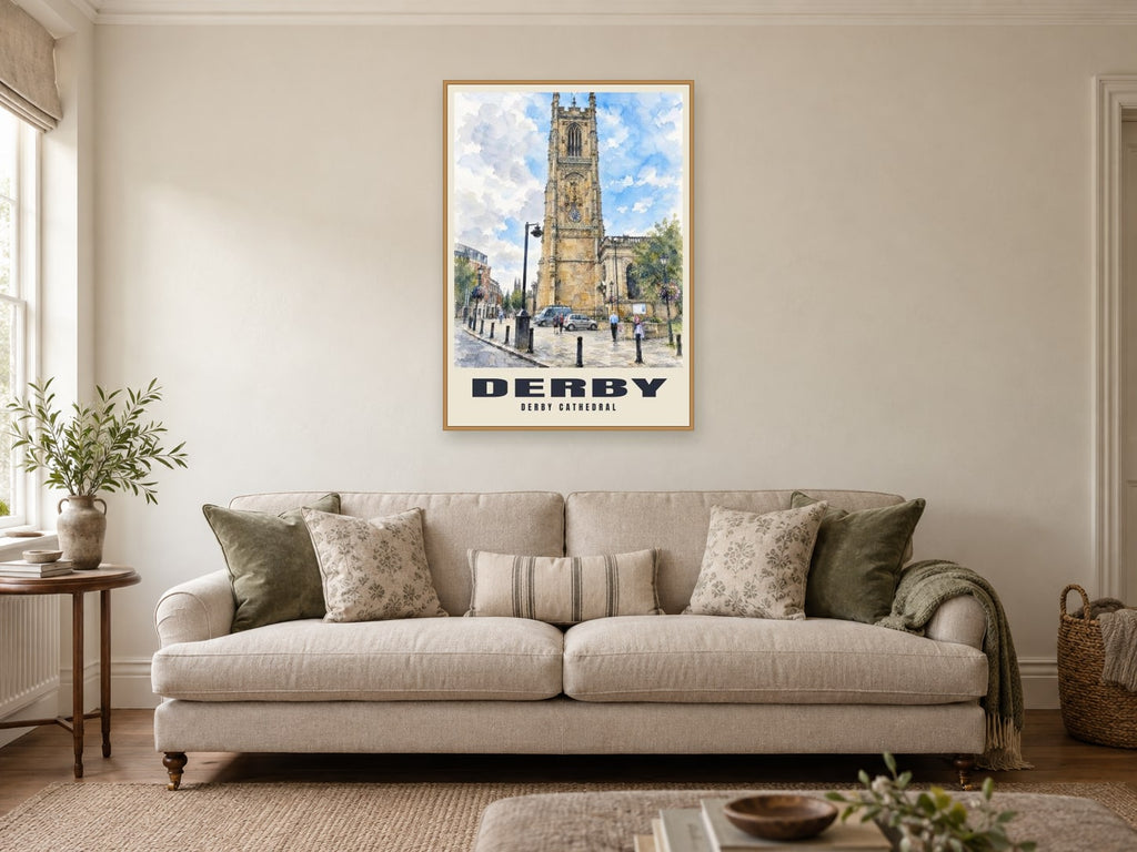 Derby Cathedral Poster at A1, in an oak frame, in a sitting room