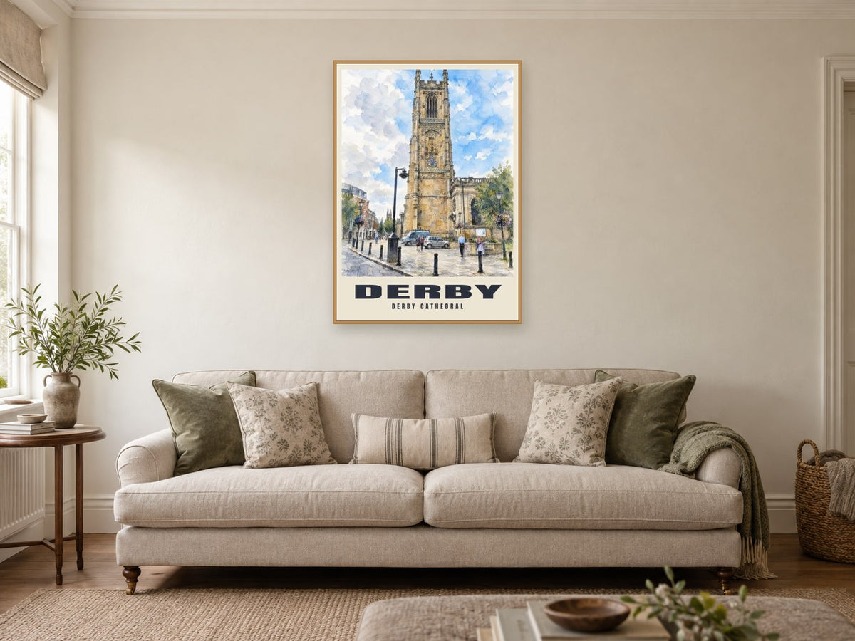 Derby Cathedral Poster at A1, in an oak frame, in a sitting room