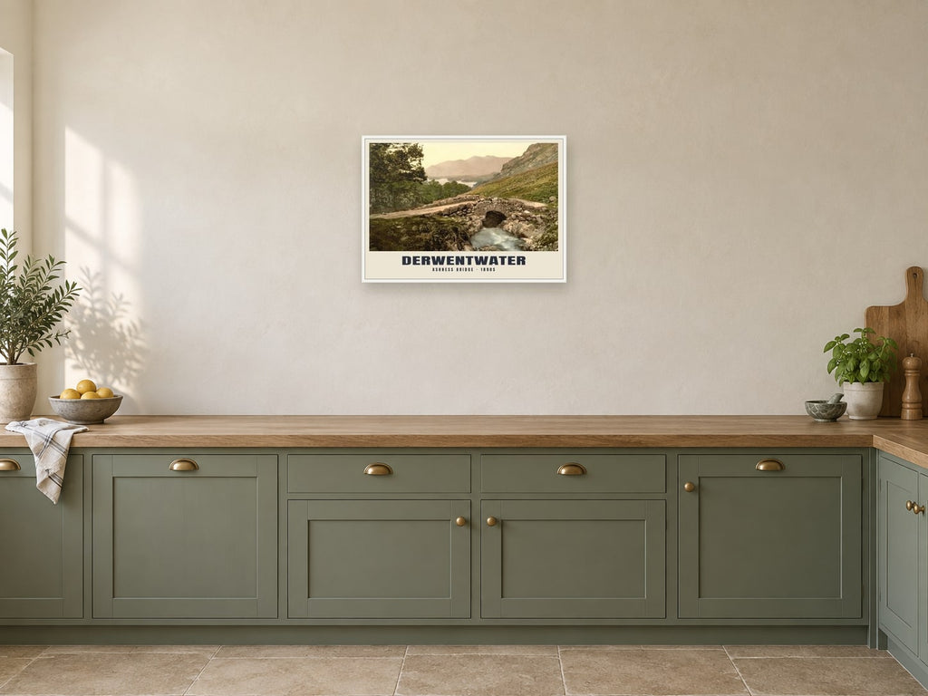 Ashness Bridge, Derwentwater, 1890s Heritage Print at A2, in a white frame, in a kitchen