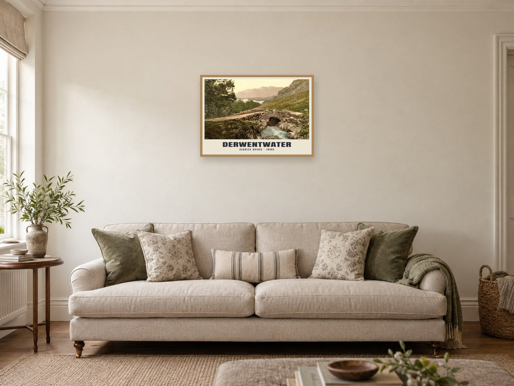 Ashness Bridge, Derwentwater, 1890s Heritage Print at A2, in an oak frame, in a sitting room