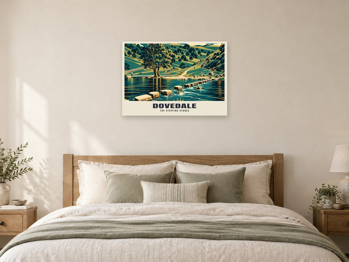 The stepping stones, Dovedale Poster at A1, as a poster, above a bed
