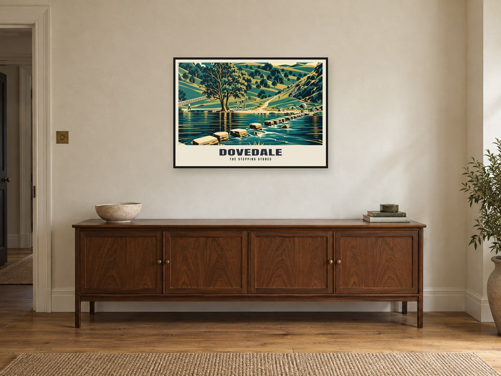 The stepping stones, Dovedale Poster at A1, in a black frame, above a sideboard
