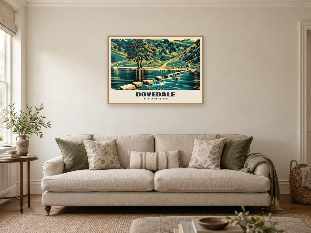 The stepping stones, Dovedale Poster at A1, in an oak frame, in a sitting room
