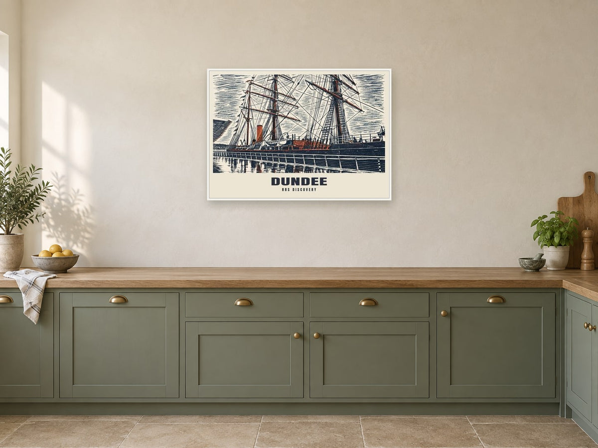 RRS Discovery, Dundee Poster at A1, in a white frame, in a kitchen