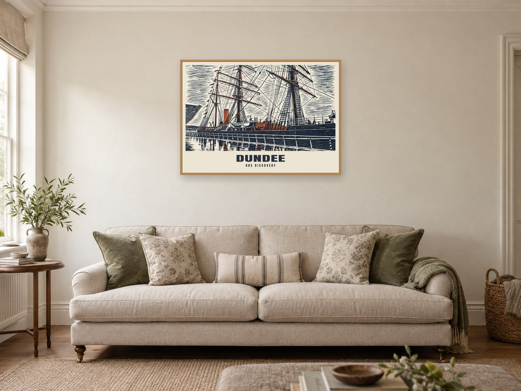 RRS Discovery, Dundee Poster at A1, in an oak frame, in a sitting room