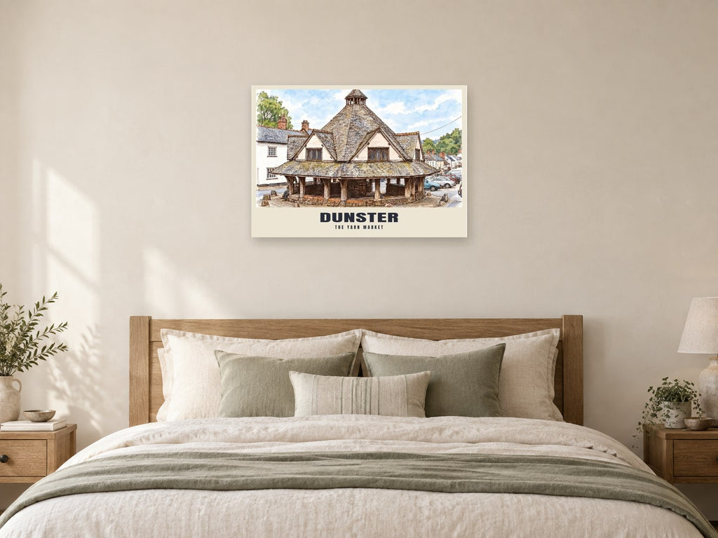 The Yarn Market, Dunster Poster at A1, as a poster, above a bed