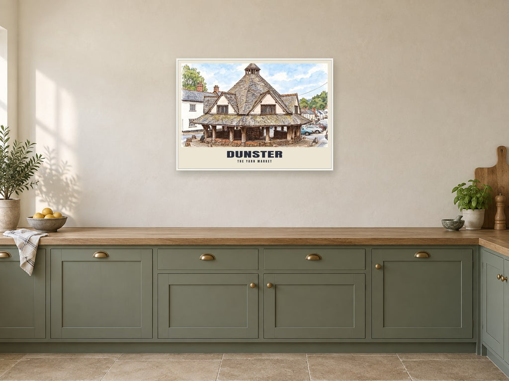 The Yarn Market, Dunster Poster at A1, in a white frame, in a kitchen