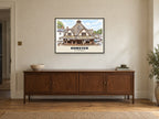 The Yarn Market, Dunster Poster at A1, in a black frame, above a sideboard