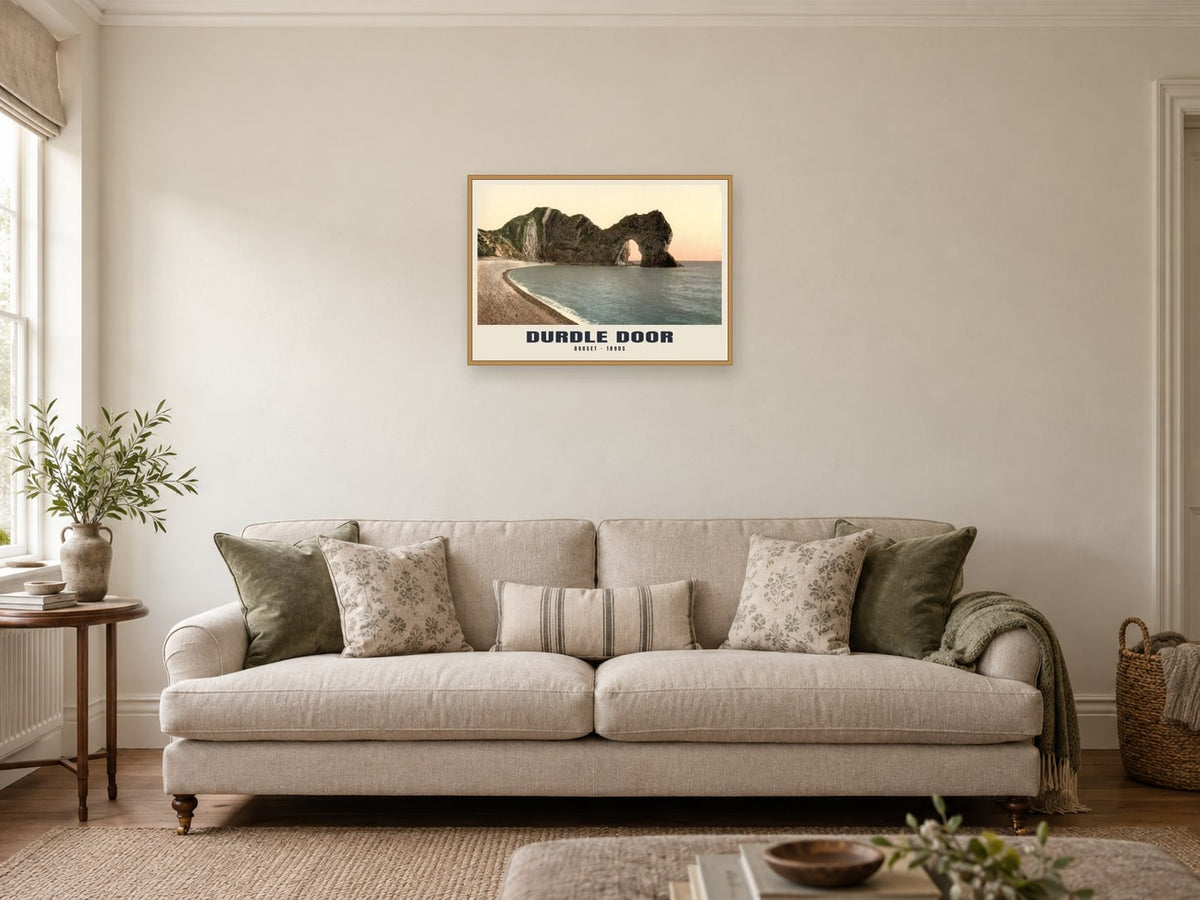 Dorset, Durdle Door Poster at A2, in an oak frame, in a sitting room