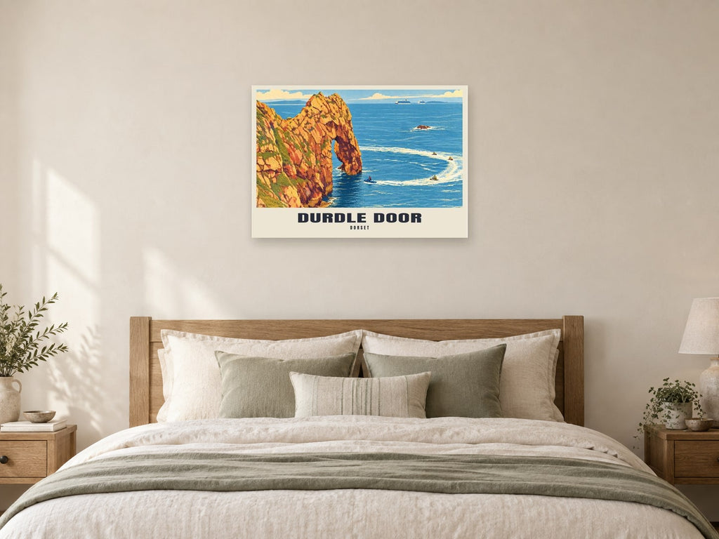 Durdle Door Poster at A1, as a poster, above a bed