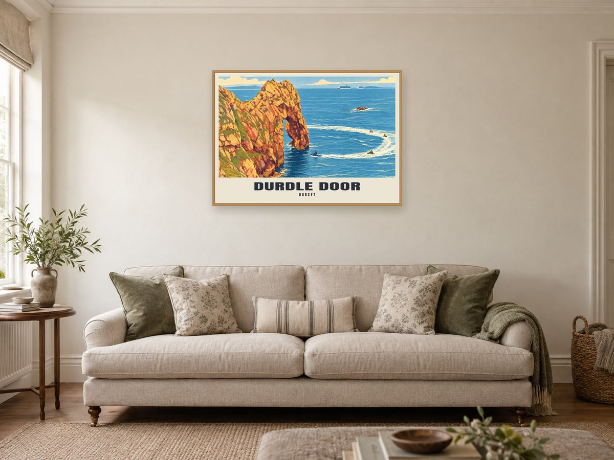 Durdle Door Poster at A1, in an oak frame, in a sitting room