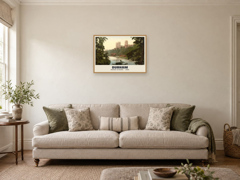 Durham Cathedral, 1890s Heritage Print at A2, in an oak frame, in a sitting room