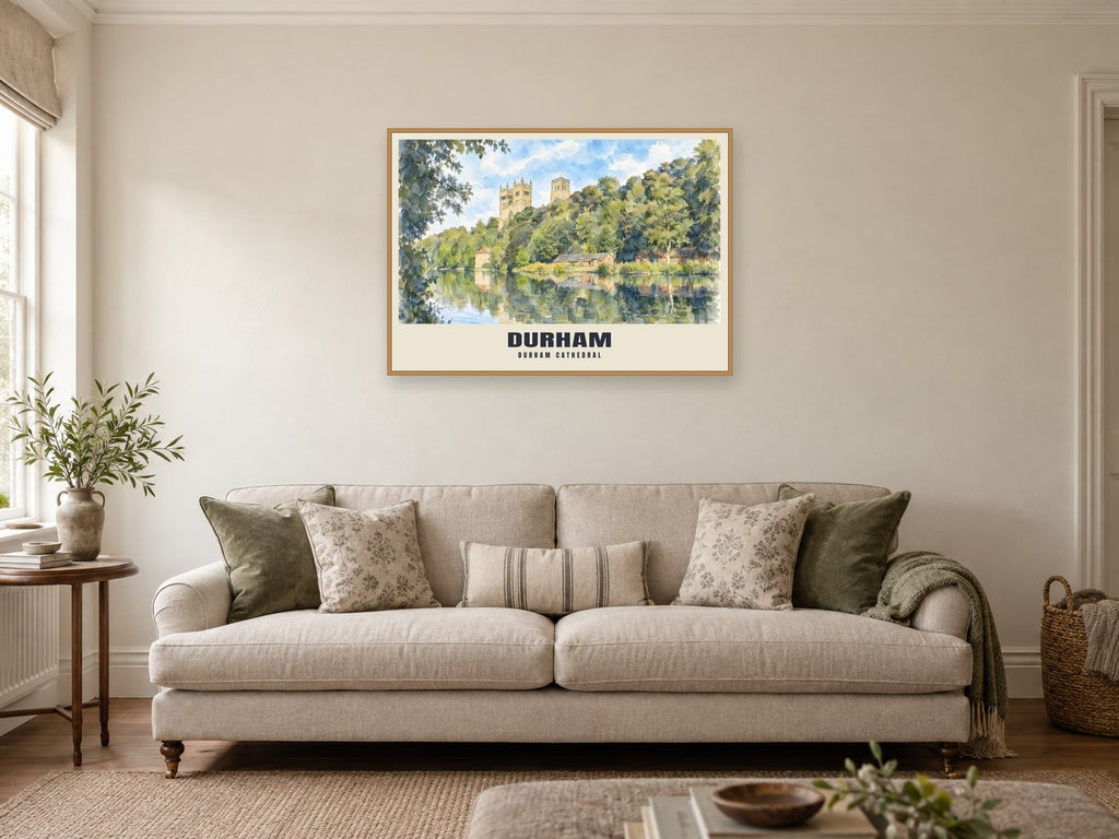 Durham Cathedral Poster at A1, in an oak frame, in a sitting room