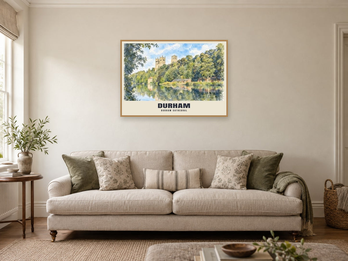 Durham Cathedral Poster at A1, in an oak frame, in a sitting room