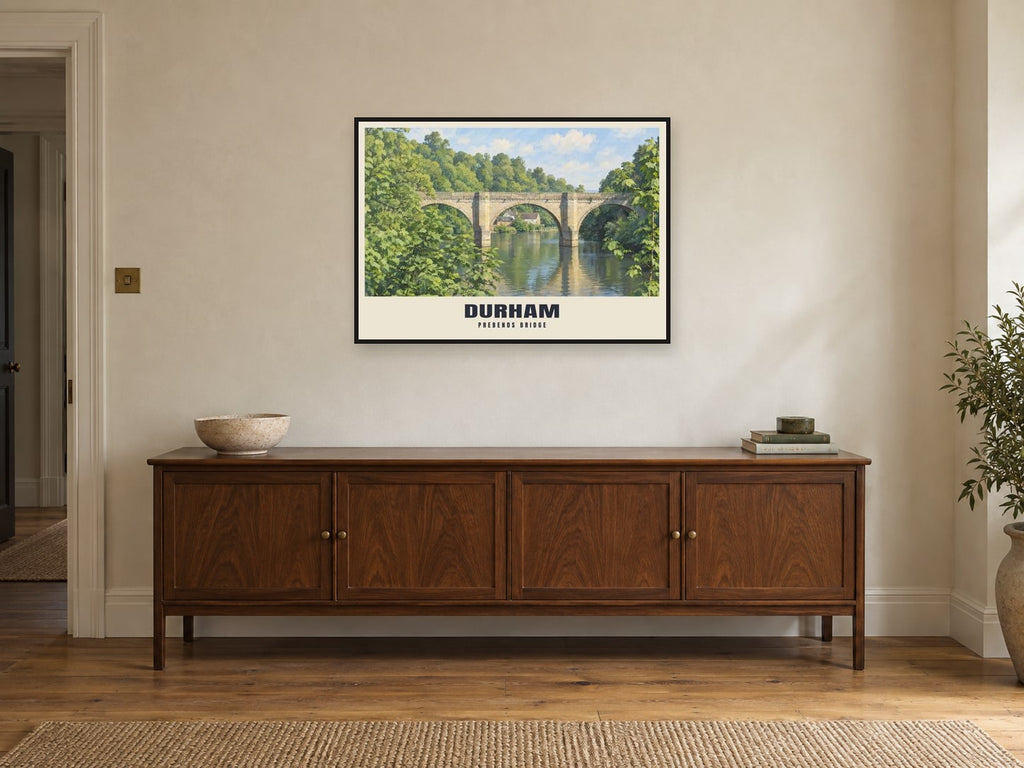 Prebends Bridge, Durham Poster at A1, in a black frame, above a sideboard