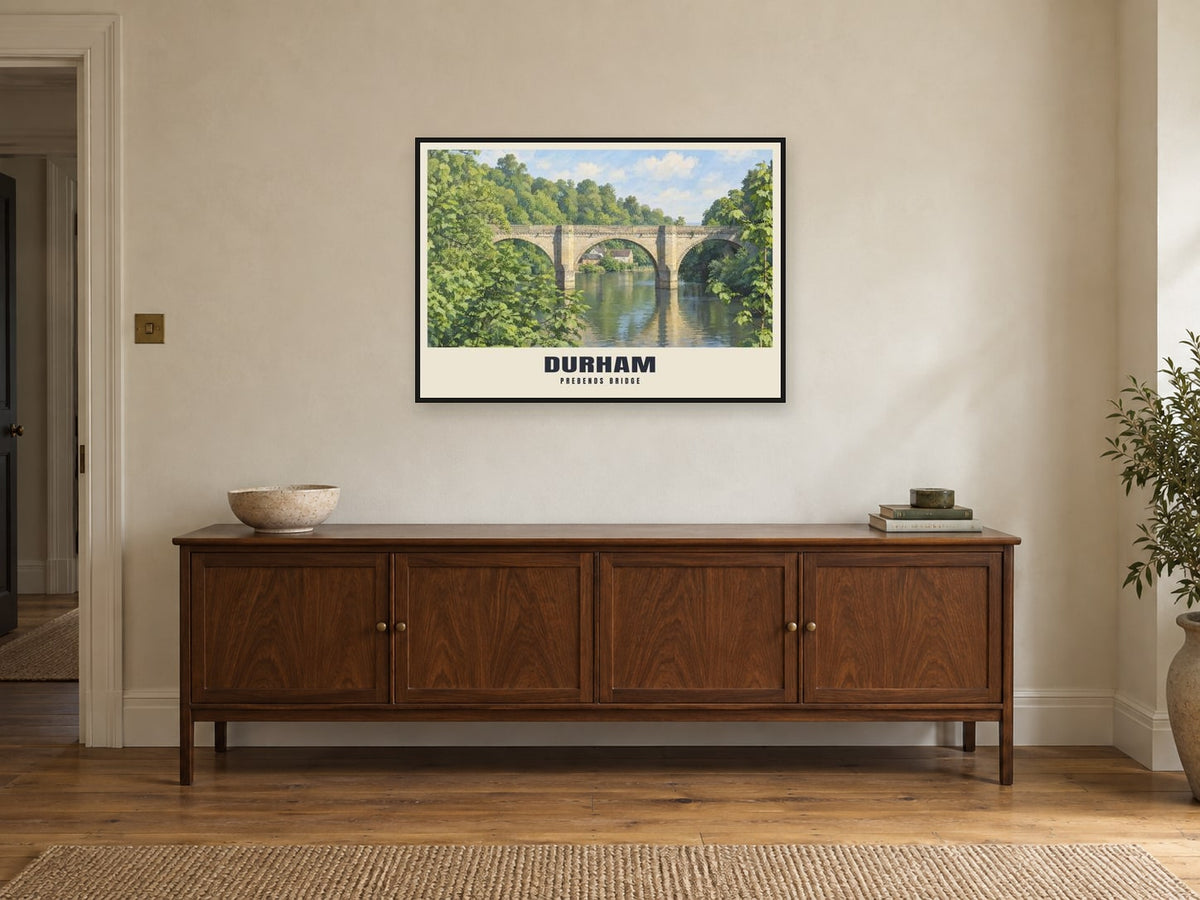 Prebends Bridge, Durham Poster at A1, in a black frame, above a sideboard