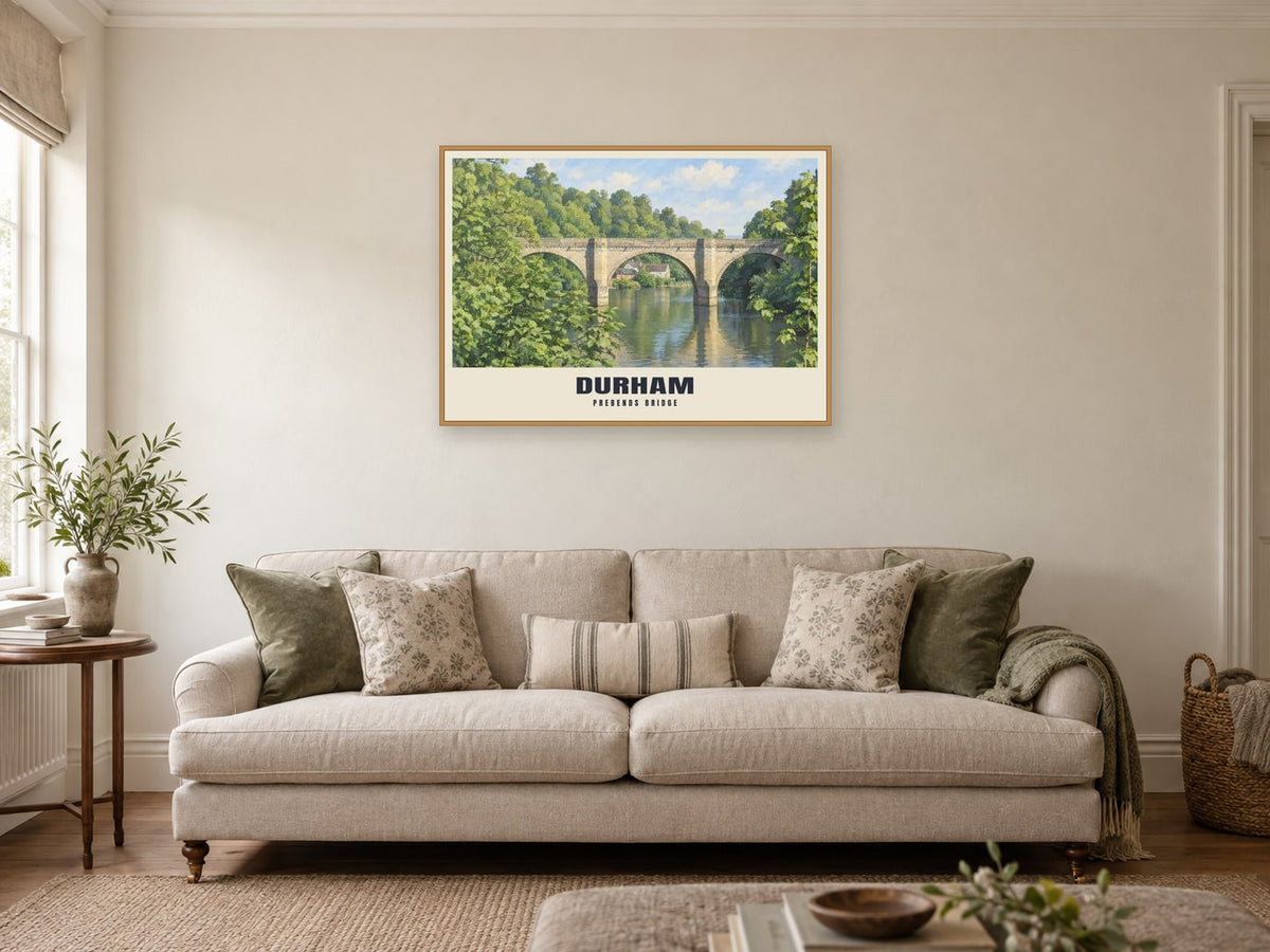 Prebends Bridge, Durham Poster at A1, in an oak frame, in a sitting room
