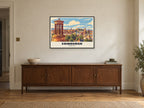 Calton Hill, Edinburgh Poster at A1, in a black frame, above a sideboard