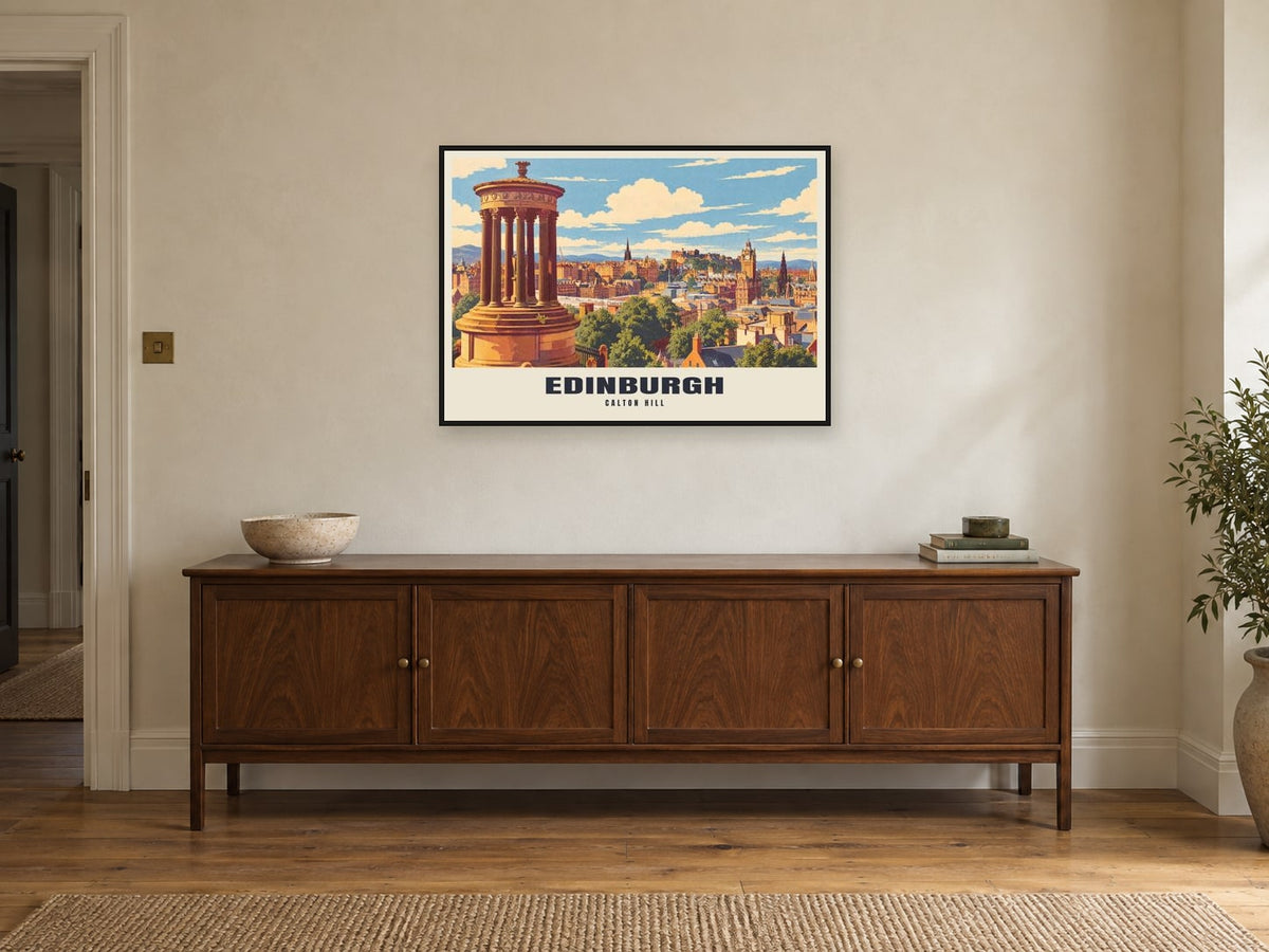 Calton Hill, Edinburgh Poster at A1, in a black frame, above a sideboard