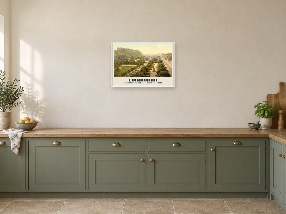 The Castle from the Scott Monument, Edinburgh Poster at A2, in a white frame, in a kitchen