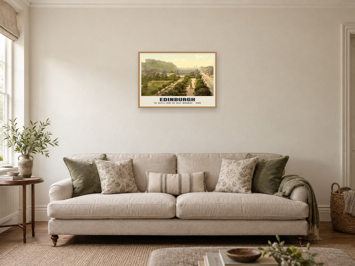 The Castle from the Scott Monument, Edinburgh Poster at A2, in an oak frame, in a sitting room