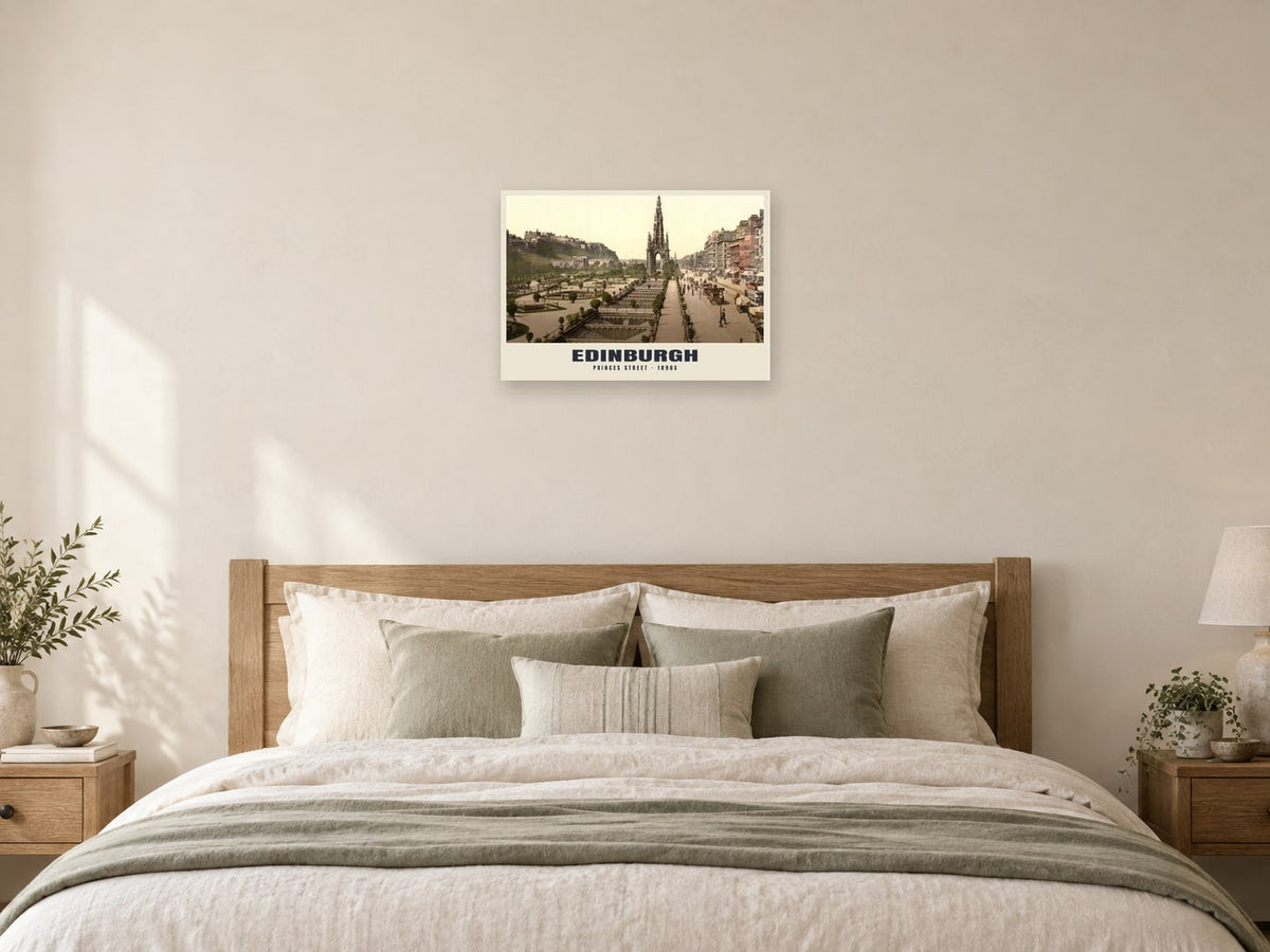 Princes Street, Edinburgh Poster at A2, as a poster, above a bed