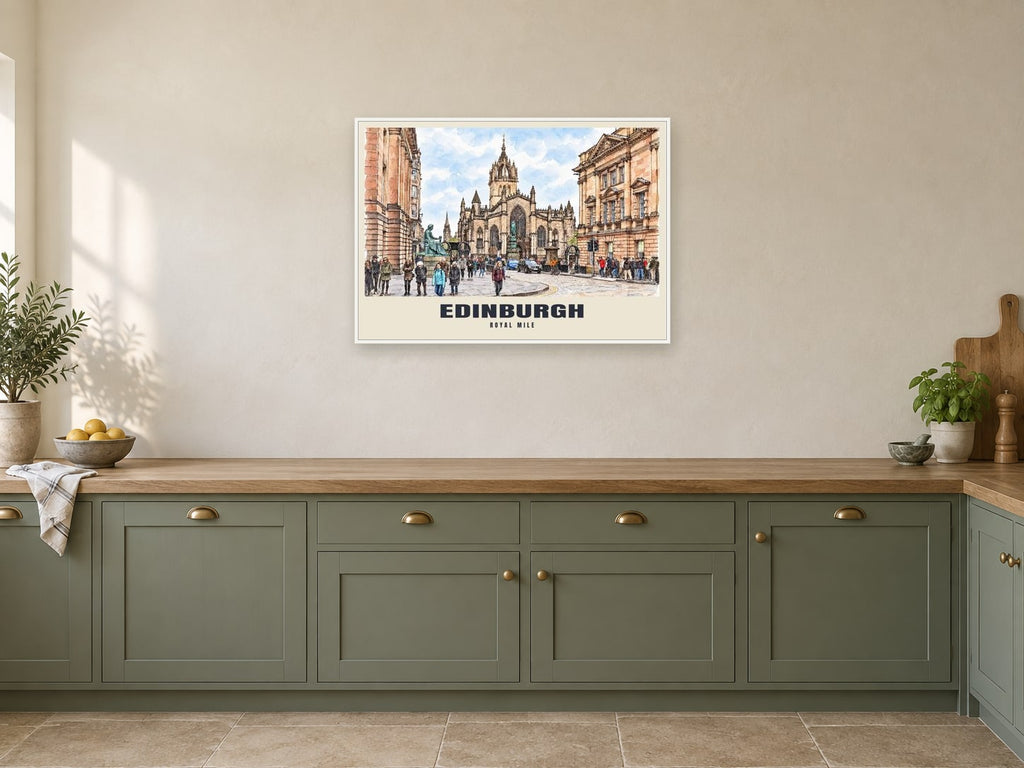 The Royal Mile, Edinburgh Poster at A1, in a white frame, in a kitchen