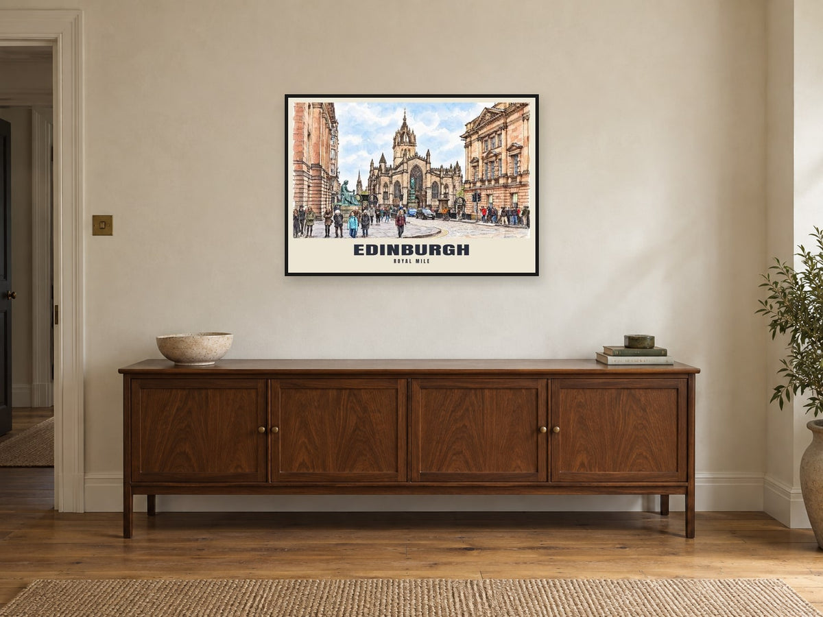 The Royal Mile, Edinburgh Poster at A1, in a black frame, above a sideboard