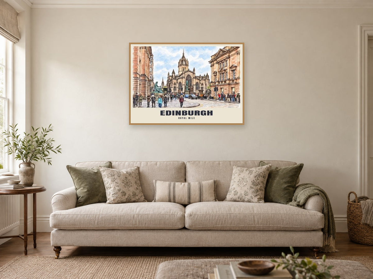 The Royal Mile, Edinburgh Poster at A1, in an oak frame, in a sitting room
