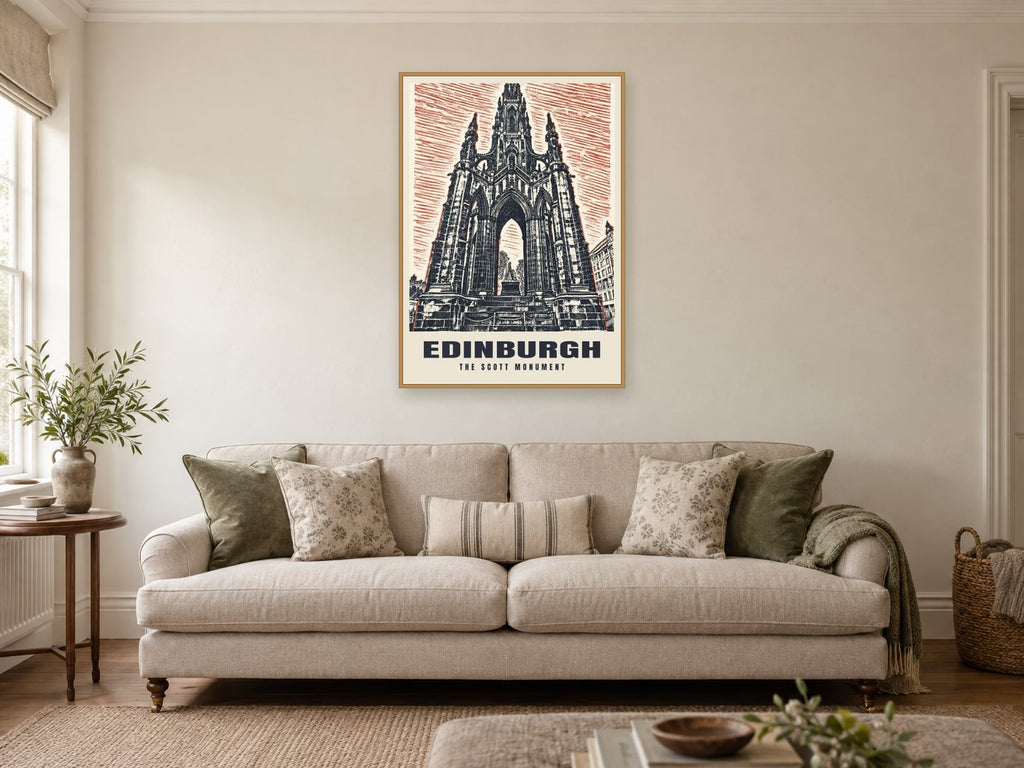 The Scott Monument, Edinburgh Poster at A1, in an oak frame, in a sitting room