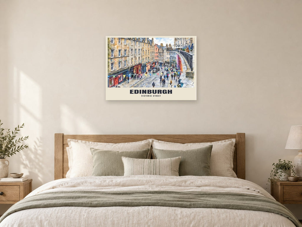 Victoria Street, Edinburgh Poster at A1, as a poster, above a bed