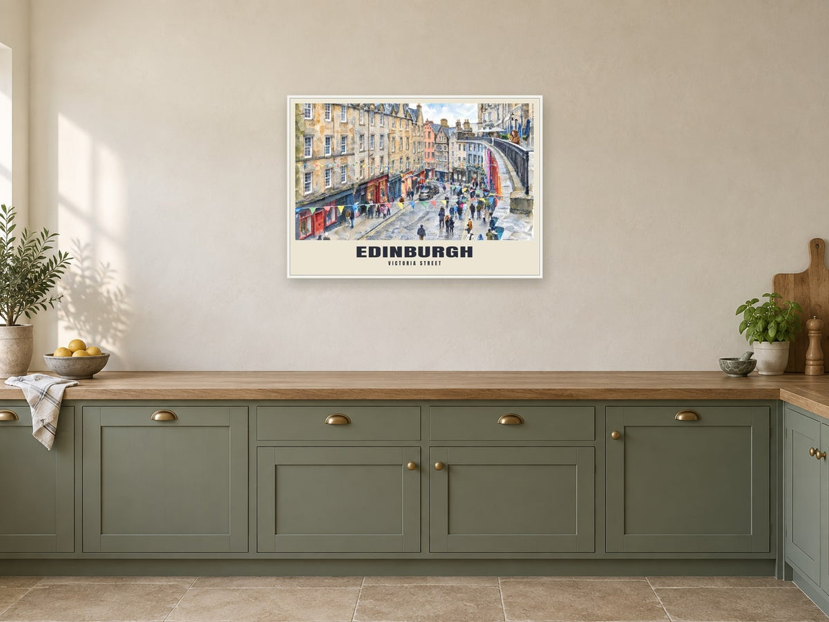 Victoria Street, Edinburgh Poster at A1, in a white frame, in a kitchen