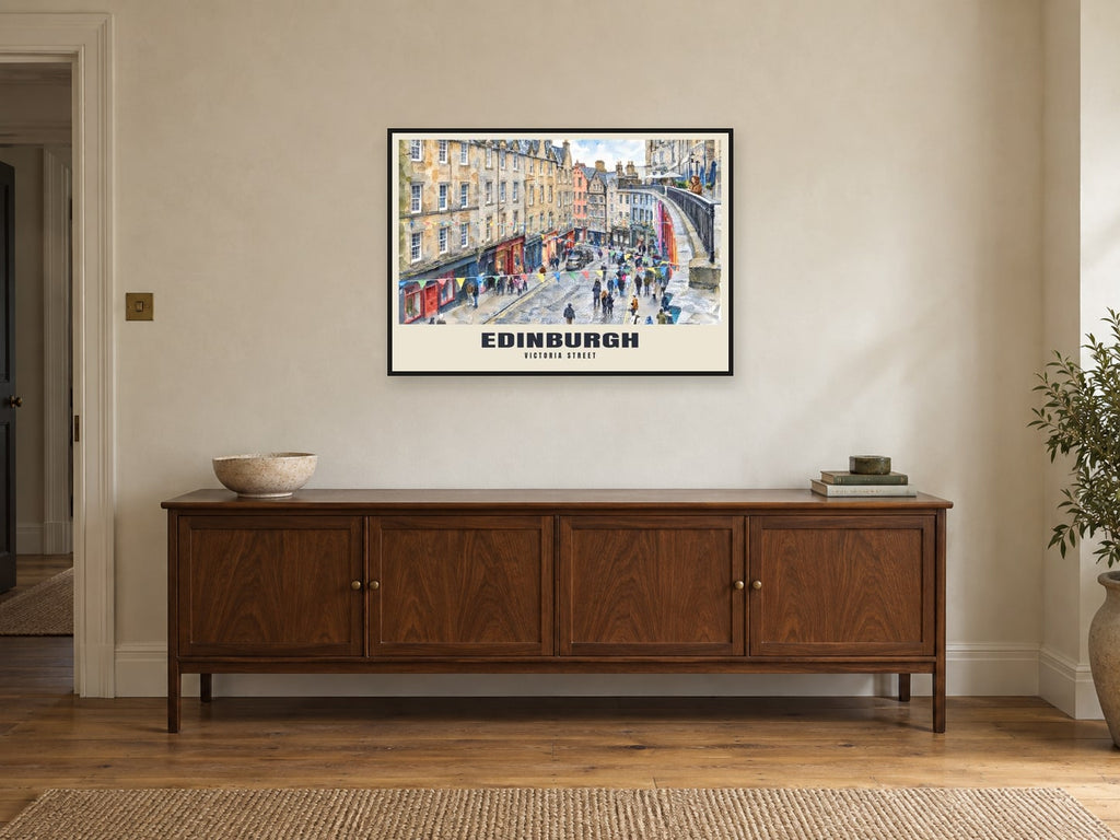 Victoria Street, Edinburgh Poster at A1, in a black frame, above a sideboard
