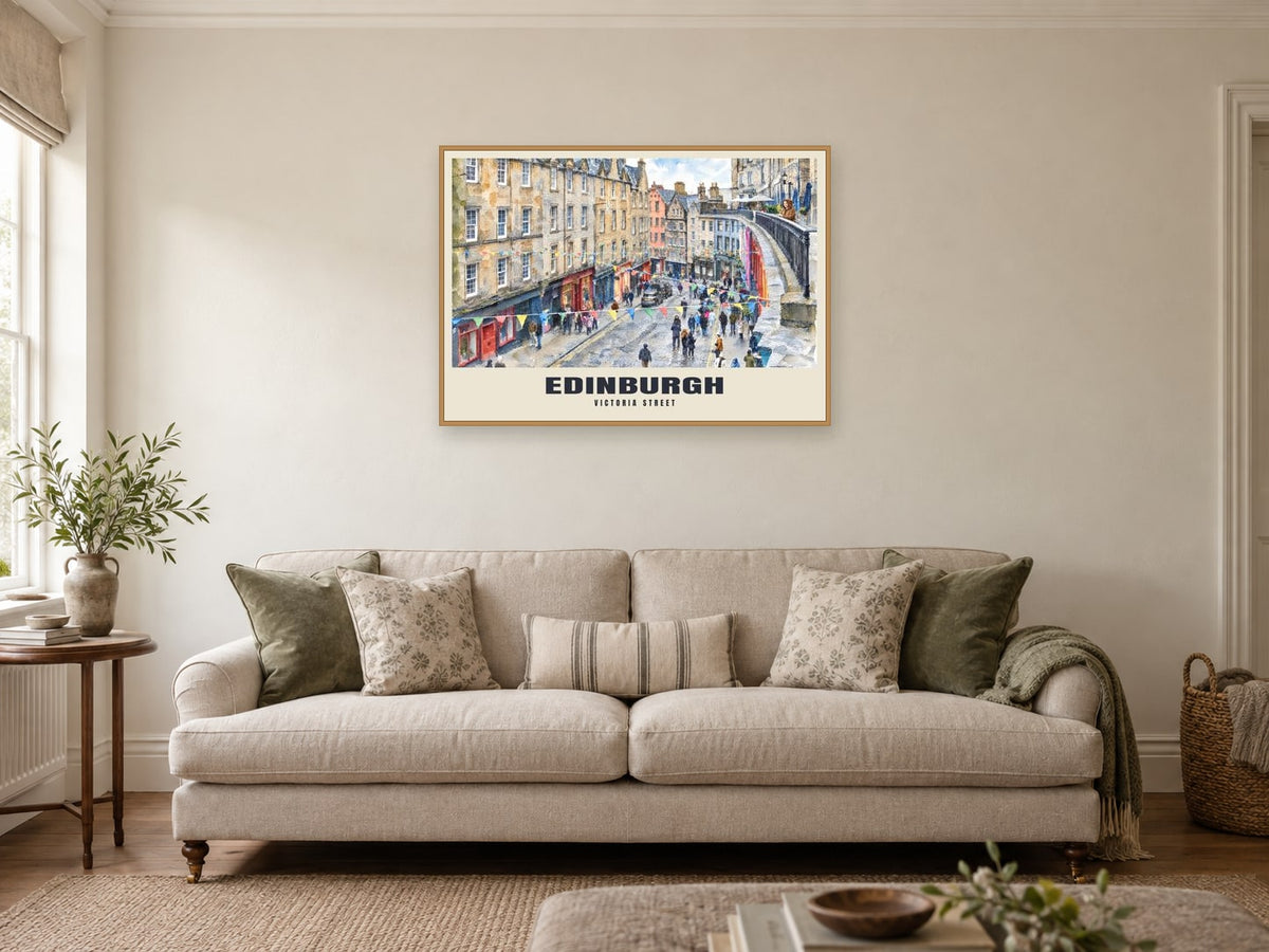 Victoria Street, Edinburgh Poster at A1, in an oak frame, in a sitting room