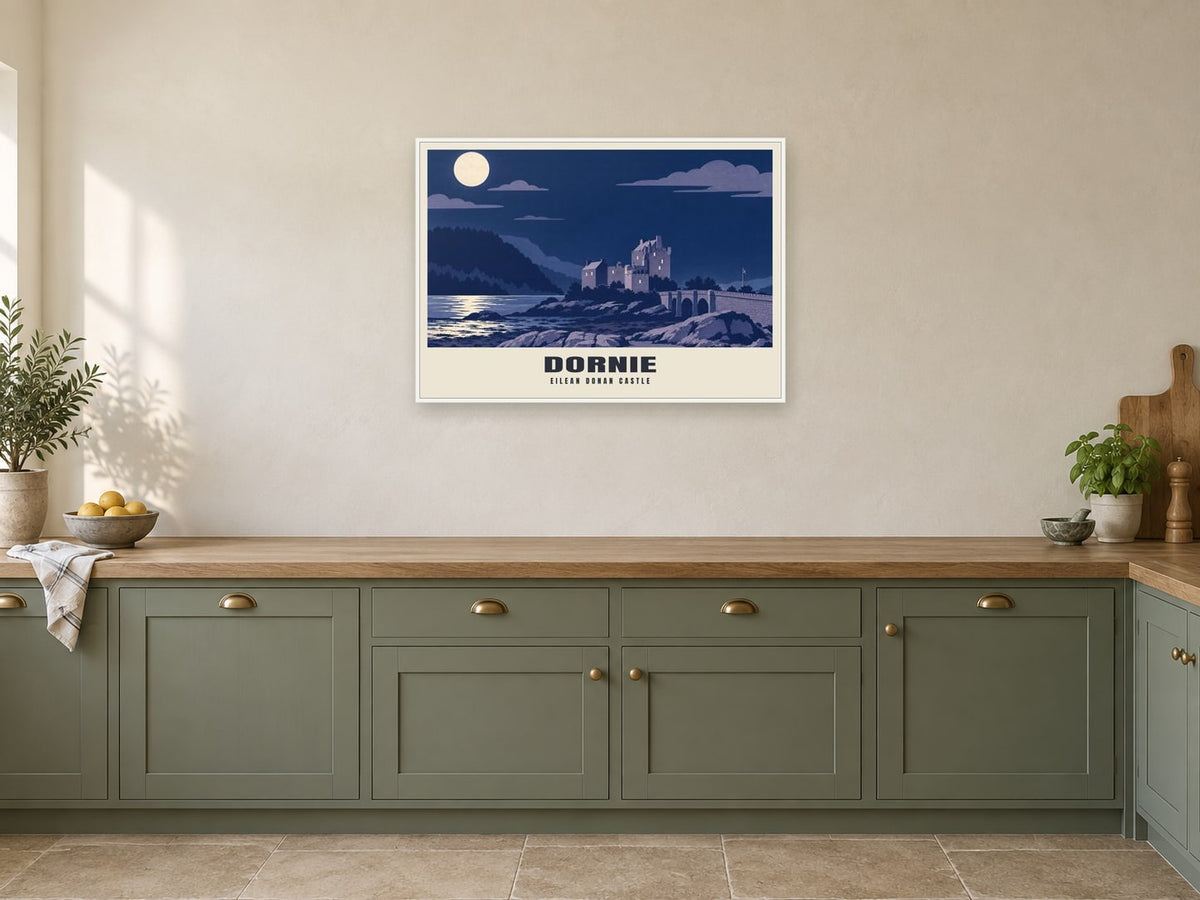 Eilean Donan Castle, Dornie Poster at A1, in a white frame, in a kitchen