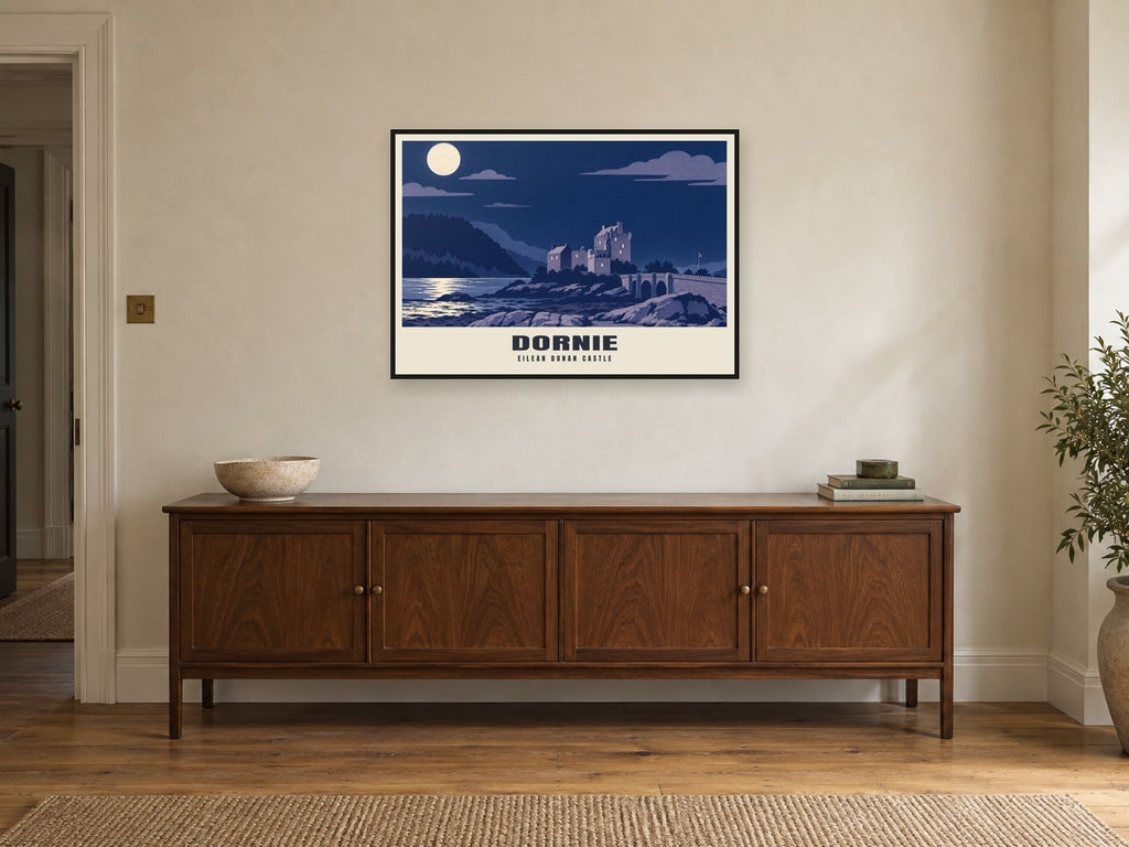 Eilean Donan Castle, Dornie Poster at A1, in a black frame, above a sideboard