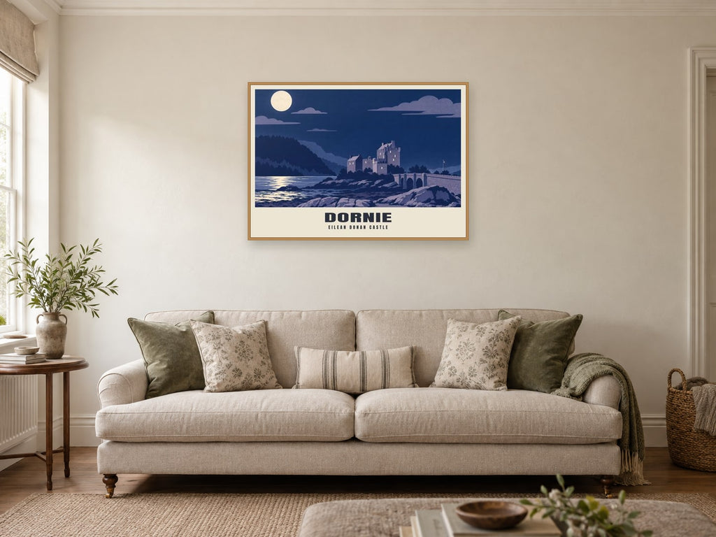 Eilean Donan Castle, Dornie Poster at A1, in an oak frame, in a sitting room