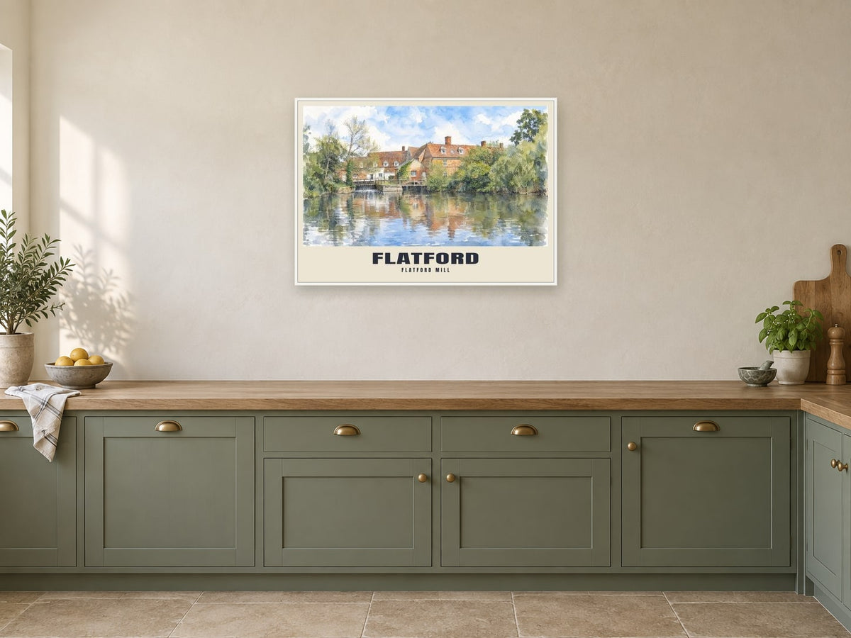 Flatford Mill Poster at A1, in a white frame, in a kitchen