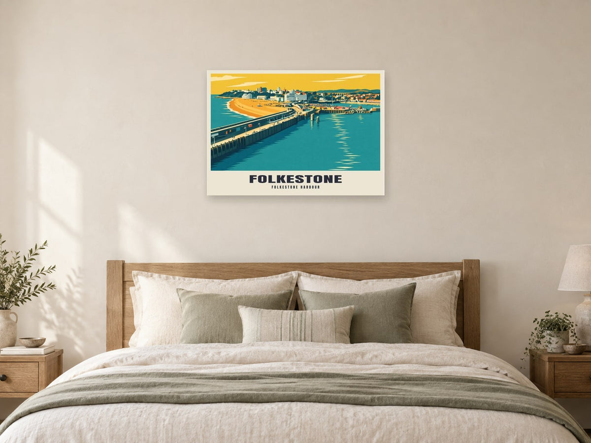 Folkestone harbour Poster at A1, as a poster, above a bed